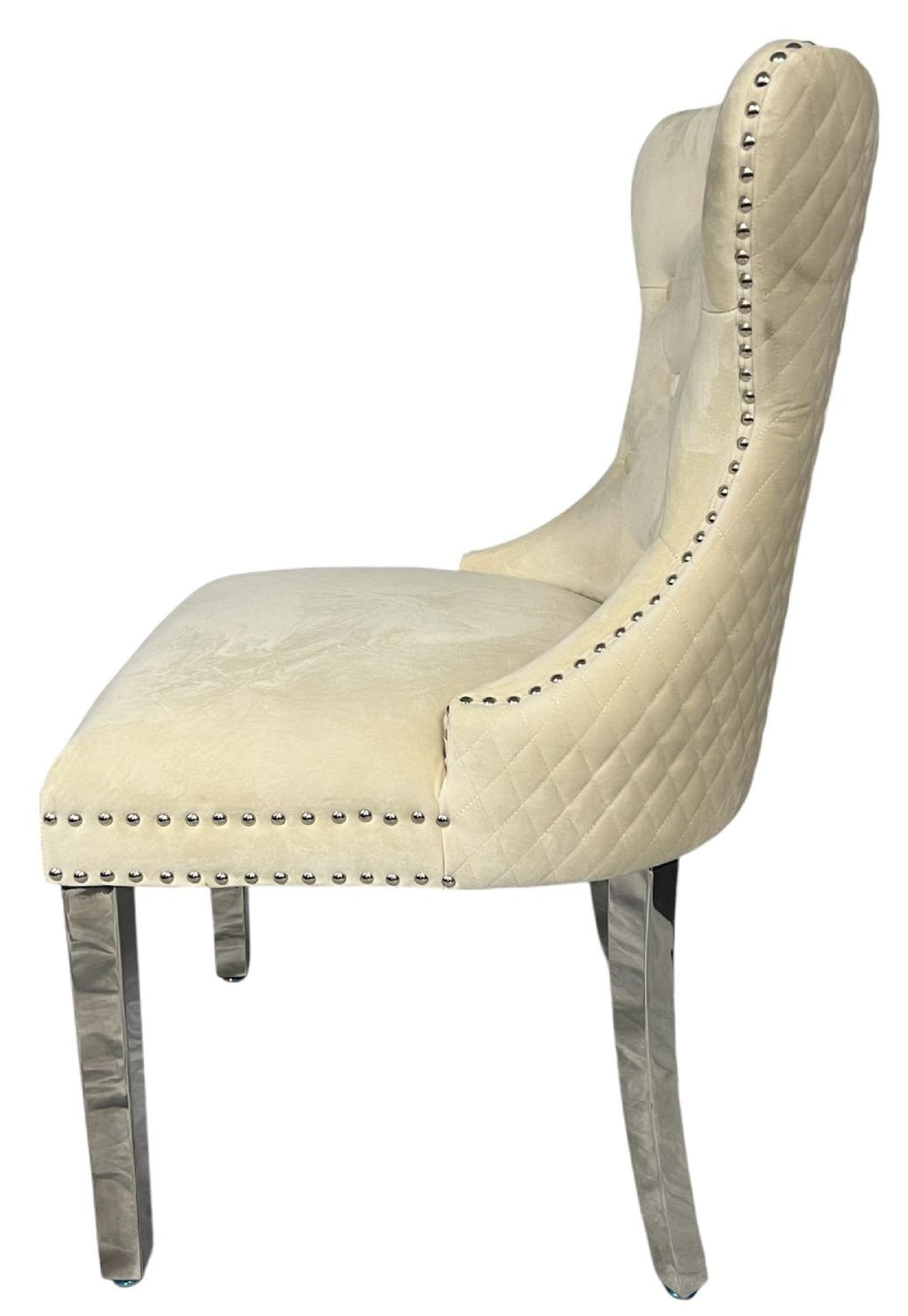 Ivory Velvet Dining Chair with Lion Knocker and Chrome Legs