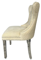 Ivory Velvet Dining Chair with Lion Knocker and Chrome Legs
