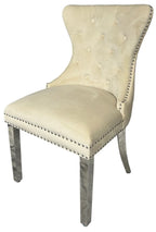 Ivory Velvet Dining Chair with Lion Knocker and Chrome Legs