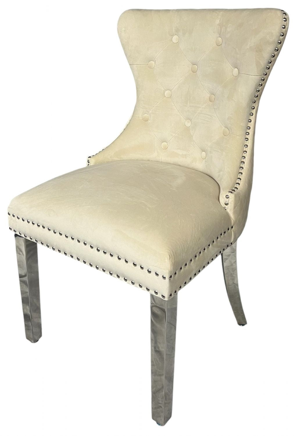 Ivory Velvet Dining Chair with Lion Knocker and Chrome Legs