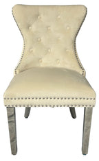 Ivory Velvet Dining Chair with Lion Knocker and Chrome Legs