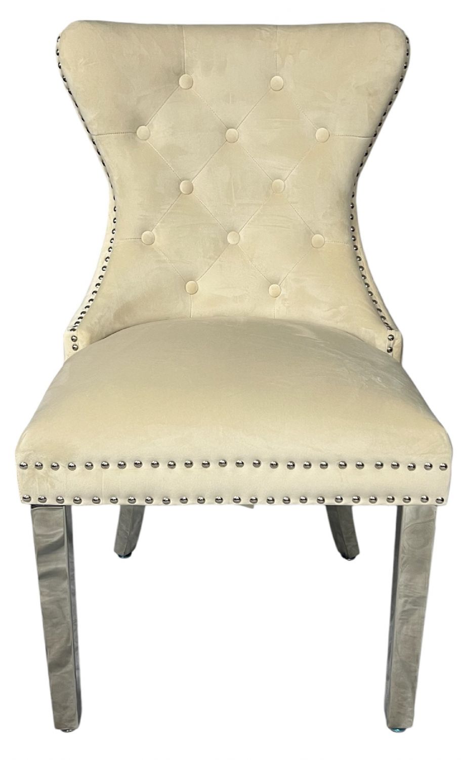 Ivory Velvet Dining Chair with Lion Knocker and Chrome Legs