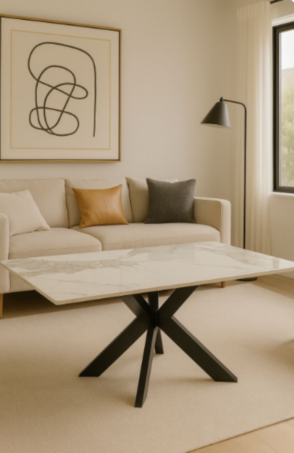 Grey Ceramic Coffee Table with Black Cross Pedestal Base