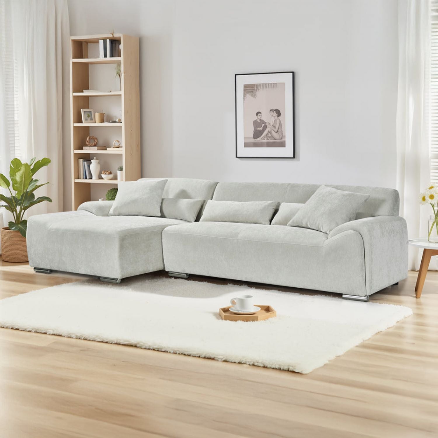 Beige Fabric Left Hand Facing Corner Sofa - Home Furniture Interiors