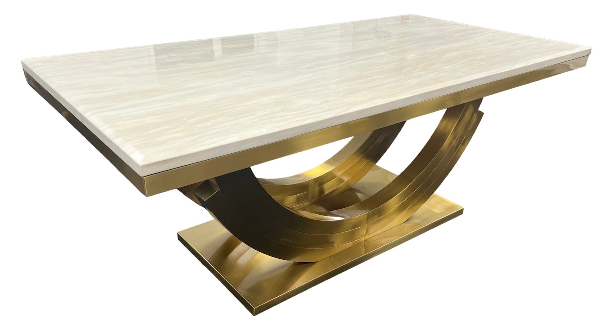 Cream Marble 2m Dining Table with Gold Art Deco U-Shaped Pedestal Legs