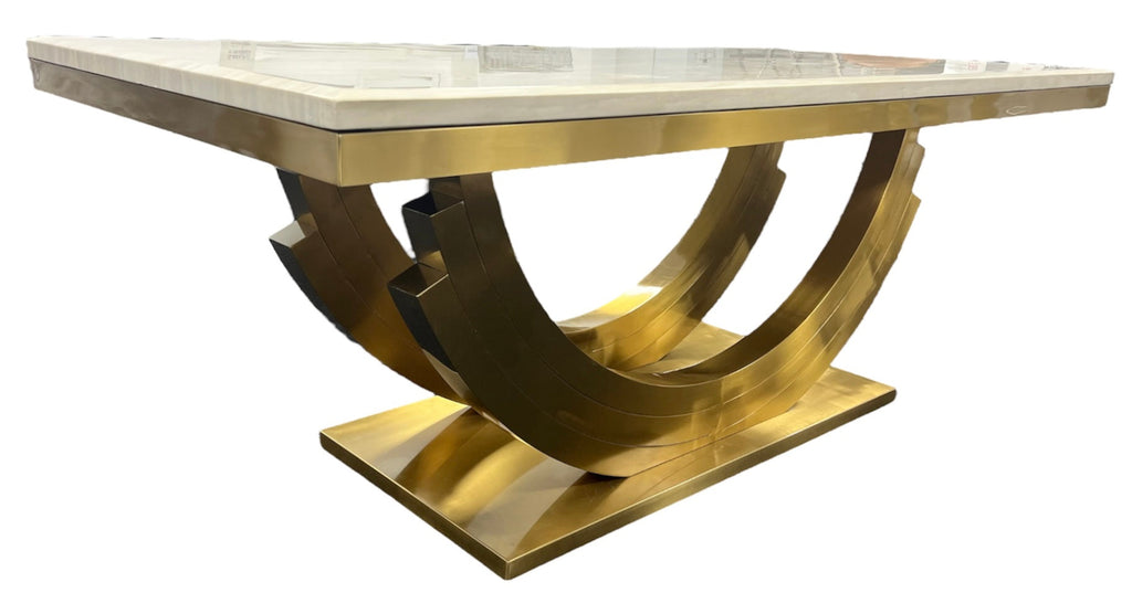 Cream Marble 2m Dining Table with Gold Art Deco U-Shaped Pedestal Legs