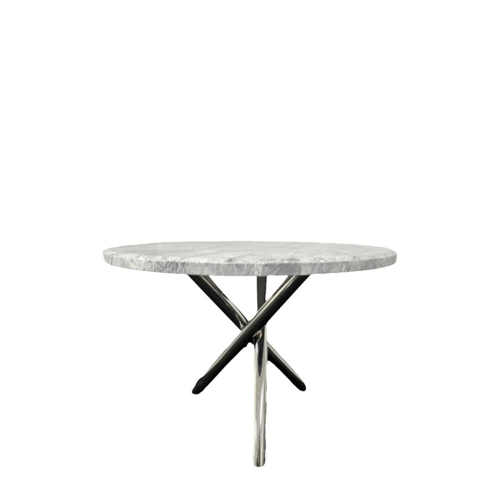 White Marble Effect 1m Round Dining Table with Chrome Twisted Pedestal Base
