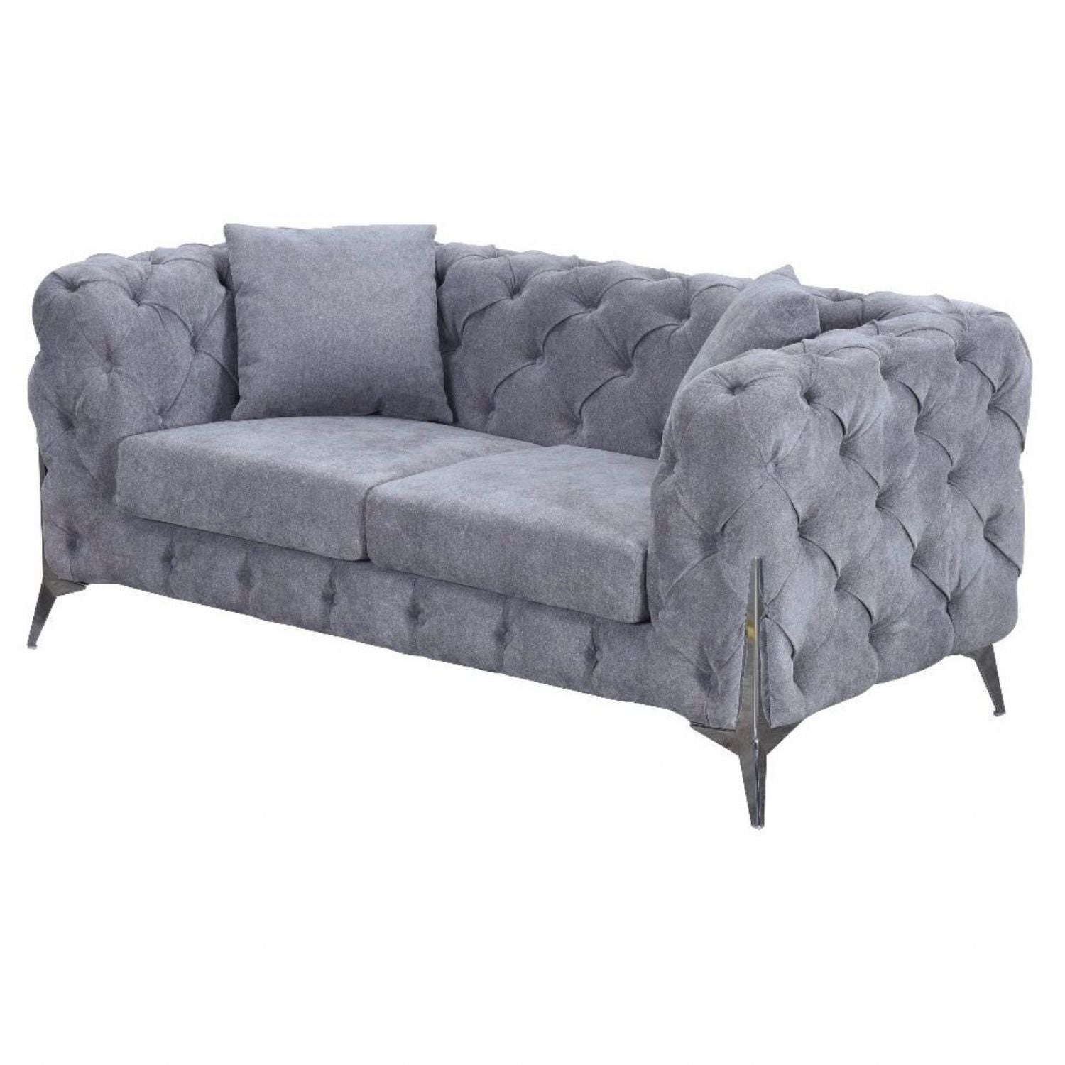 Grey Fabric Chesterfield 2 Seater Sofa with Chrome Accent Legs