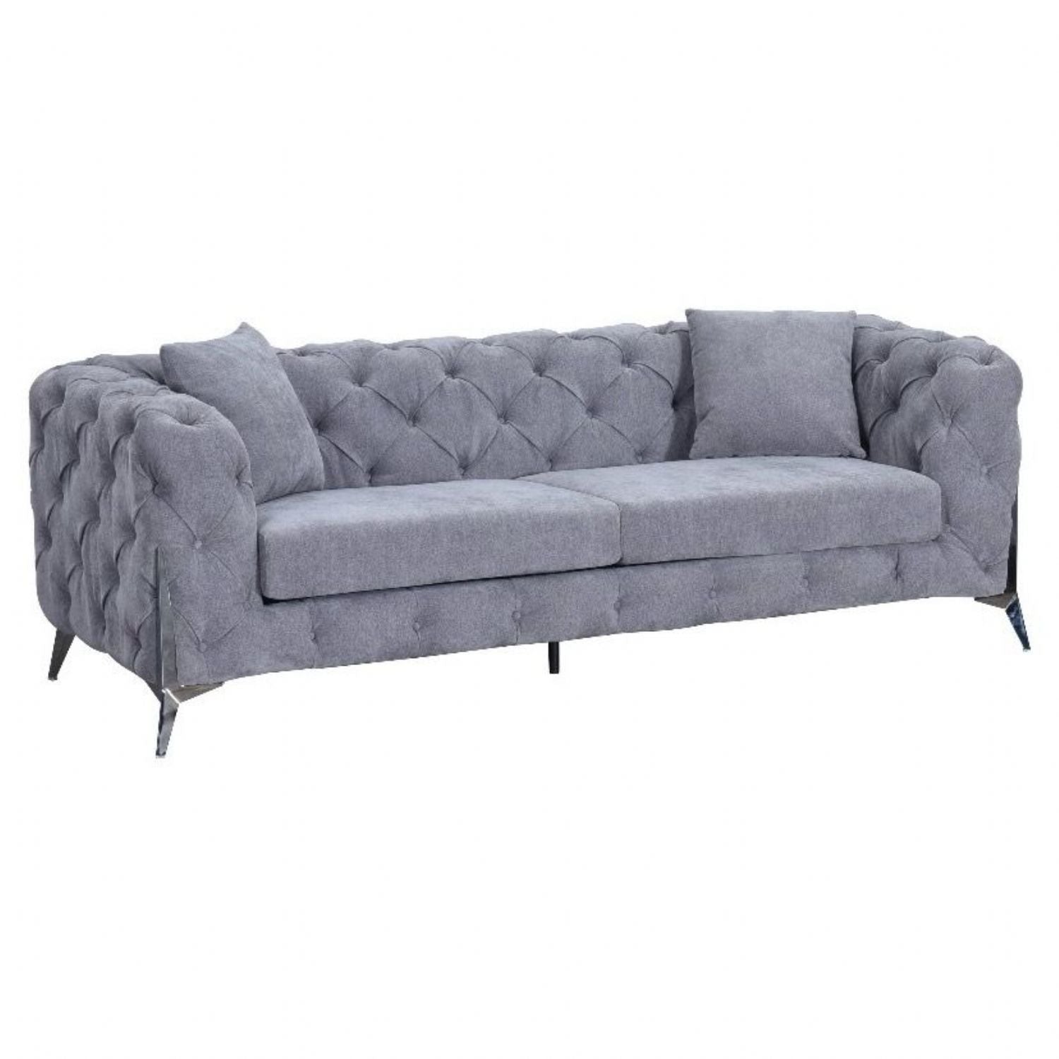 Grey Fabric Chesterfield 3 Seater Sofa with Chrome Accent Legs
