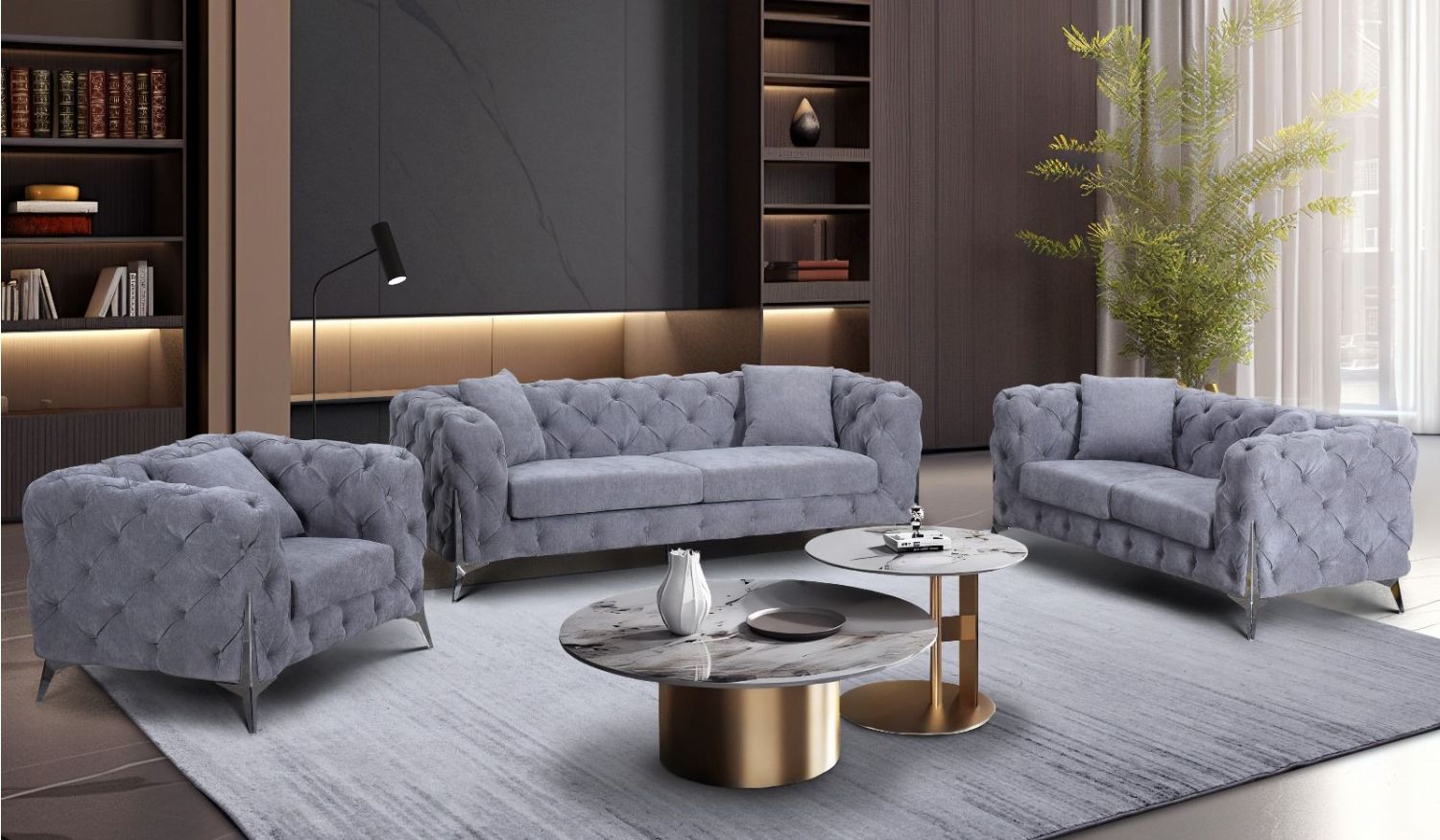 Grey Fabric Chesterfield 3 Seater Sofa with Chrome Accent Legs