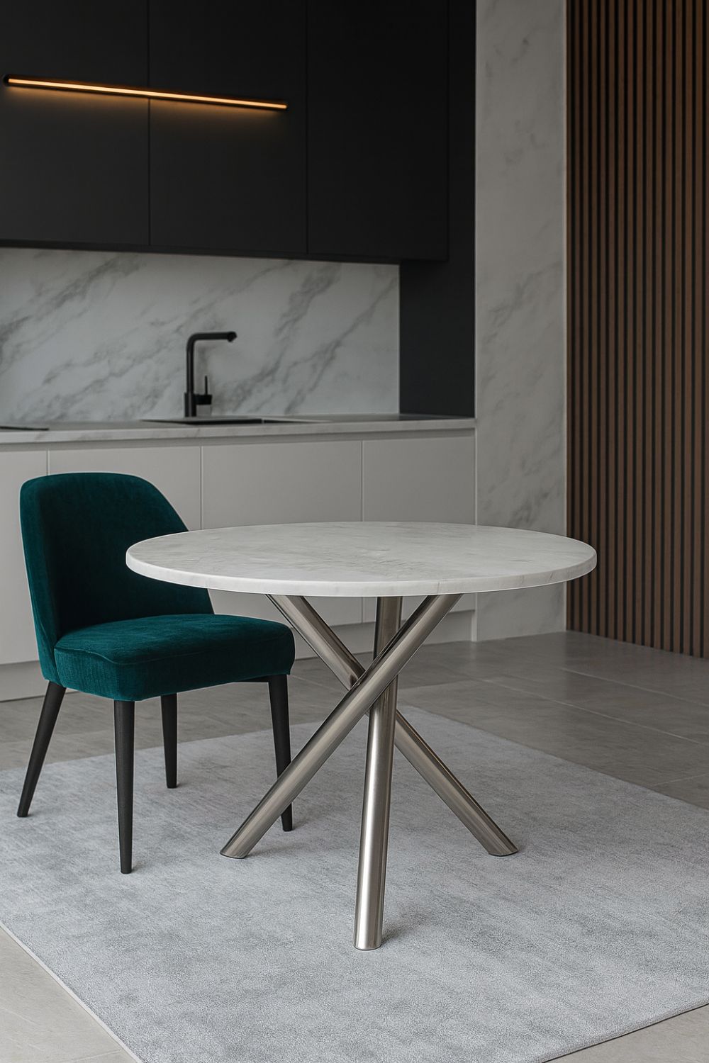 White Marble Effect 1m Round Dining Table with Chrome Twisted Pedestal Base