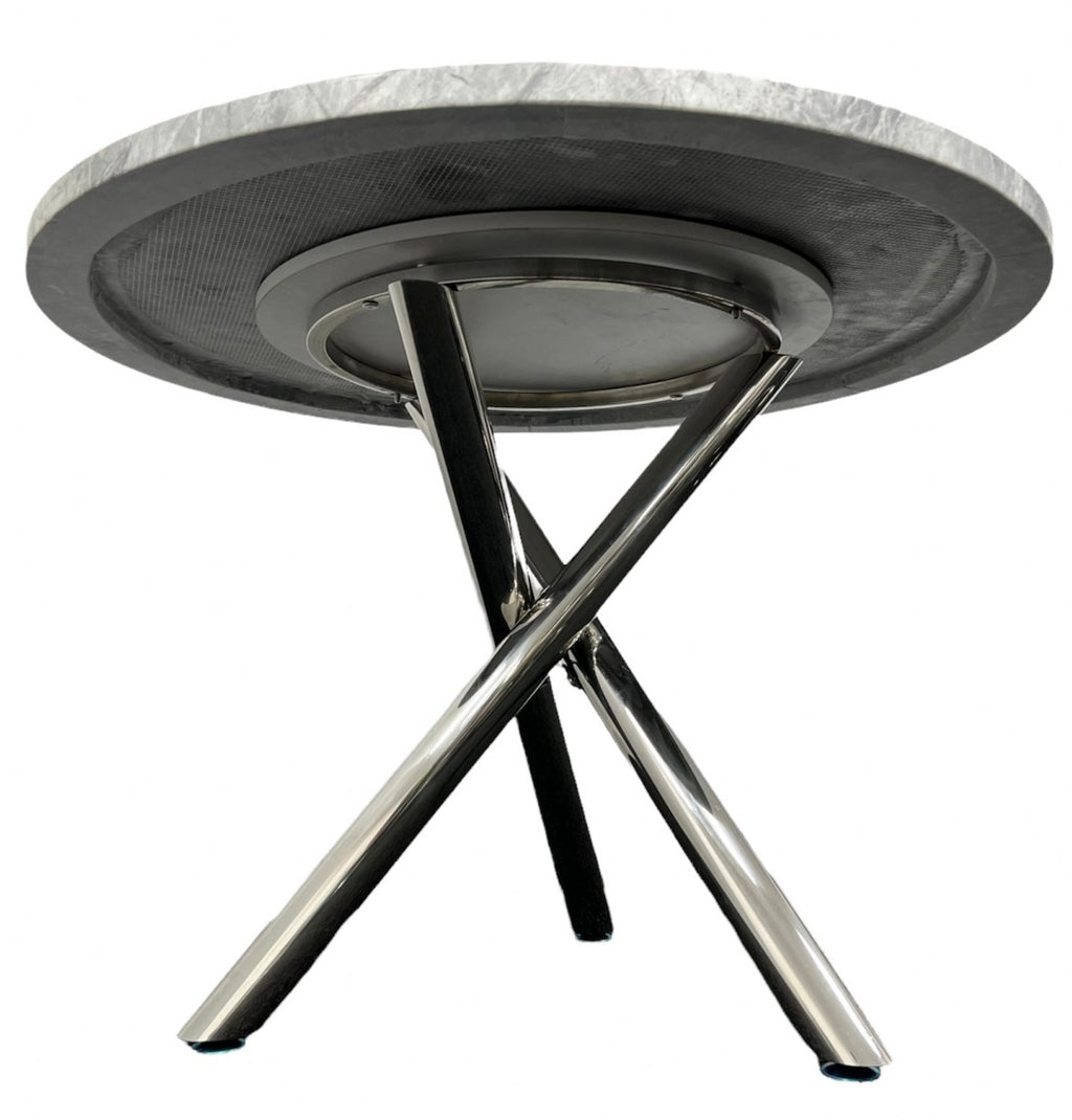 White Marble Effect 1m Round Dining Table with Chrome Twisted Pedestal Base