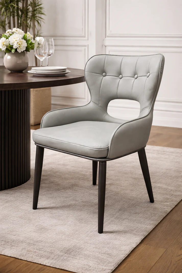 Light Grey PU Upholstered Dining Chair with Button Tufted Back and Black Legs