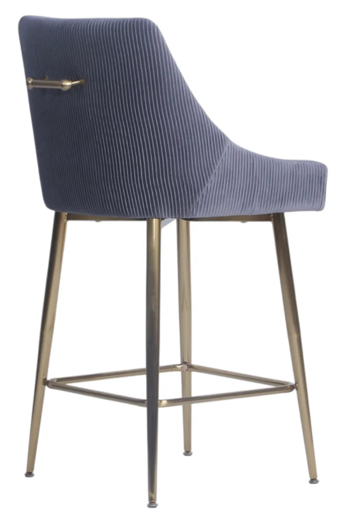 Dark Grey Ribbed Velvet Bar Stool with Gold Legs