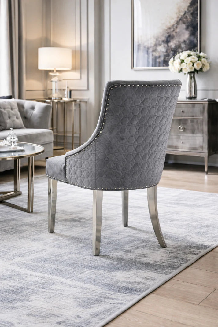Dark Grey Velvet Dining Chair with Chrome Legs and Hexagonal Back