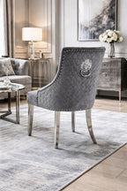 Dark Grey Velvet Dining Chair with Lion Knocker and Chrome Legs