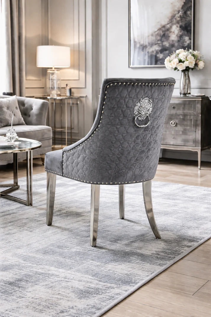 Dark Grey Velvet Dining Chair with Lion Knocker and Chrome Legs