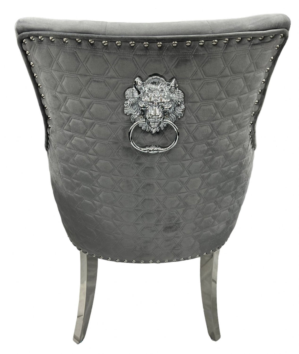 Dark Grey Velvet Dining Chair with Lion Knocker and Chrome Legs