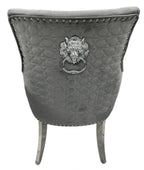 Dark Grey Velvet Dining Chair with Lion Knocker and Chrome Legs