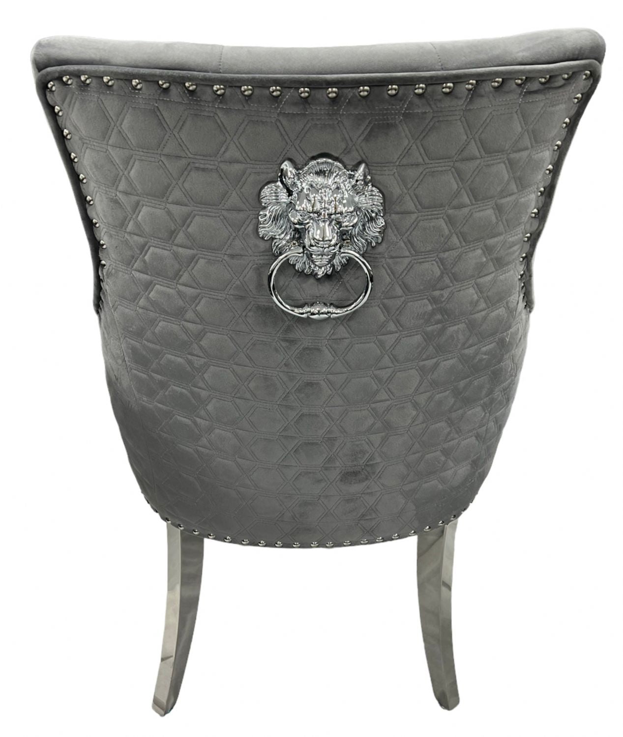 Dark Grey Velvet Dining Chair with Lion Knocker and Chrome Legs