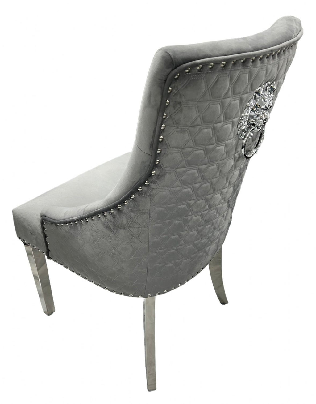 Dark Grey Velvet Dining Chair with Lion Knocker and Chrome Legs