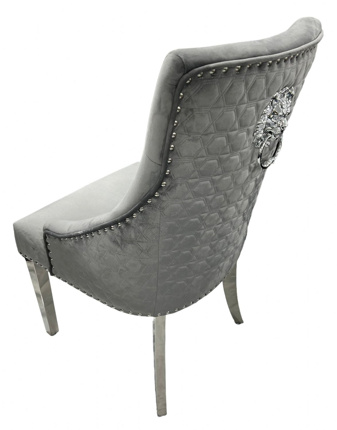 Dark Grey Velvet Dining Chair with Lion Knocker and Chrome Legs
