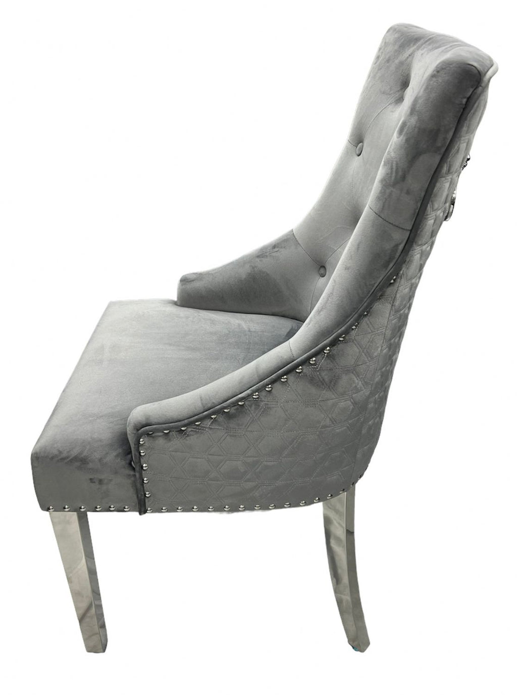 Dark Grey Velvet Dining Chair with Lion Knocker and Chrome Legs