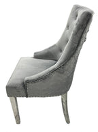 Dark Grey Velvet Dining Chair with Lion Knocker and Chrome Legs