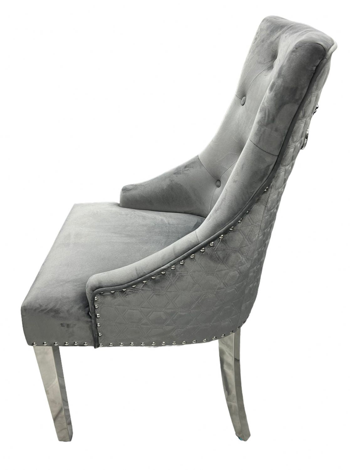 Dark Grey Velvet Dining Chair with Lion Knocker and Chrome Legs