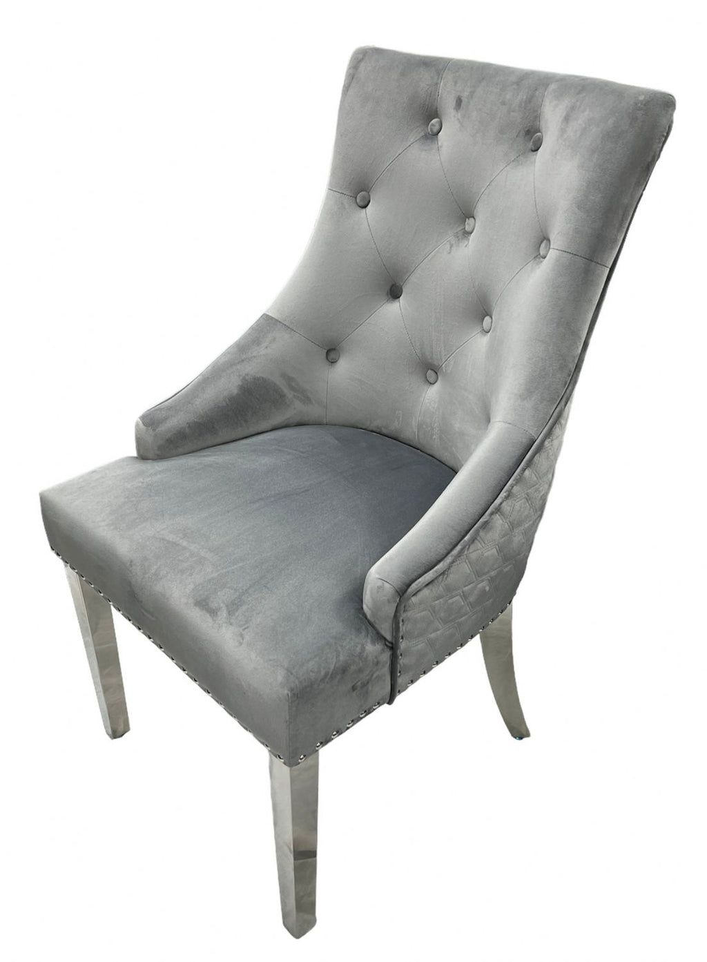 Dark Grey Velvet Dining Chair with Lion Knocker and Chrome Legs