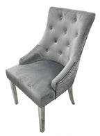 Dark Grey Velvet Dining Chair with Lion Knocker and Chrome Legs