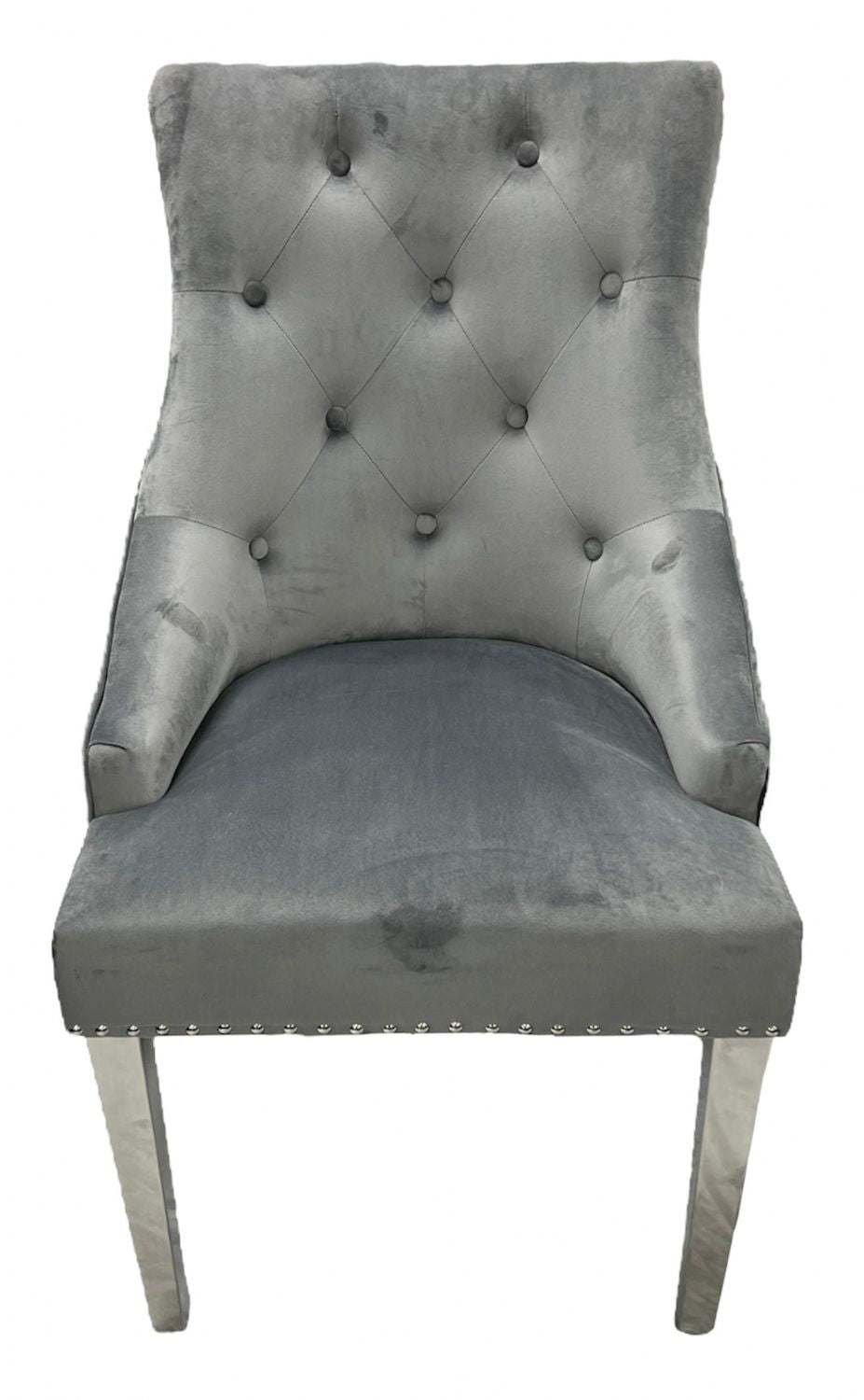 Dark Grey Velvet Dining Chair with Lion Knocker and Chrome Legs