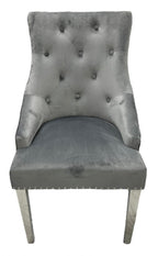 Dark Grey Velvet Dining Chair with Lion Knocker and Chrome Legs