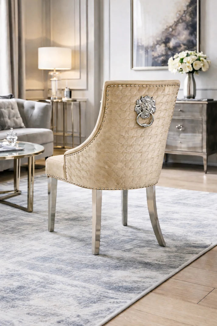 Mink Velvet Dining Chair with Lion Knocker and Chrome Legs