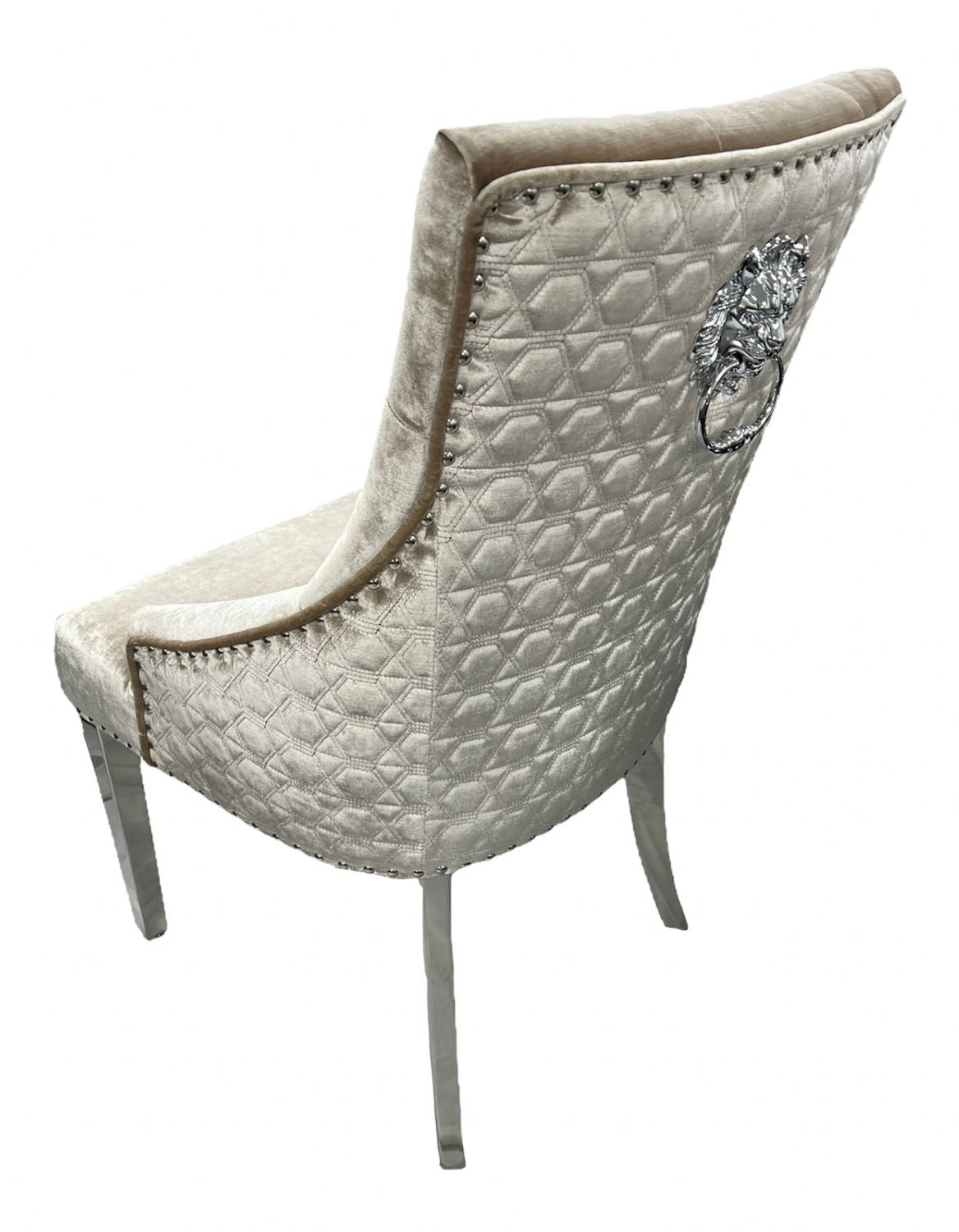 Mink Velvet Dining Chair with Lion Knocker and Chrome Legs