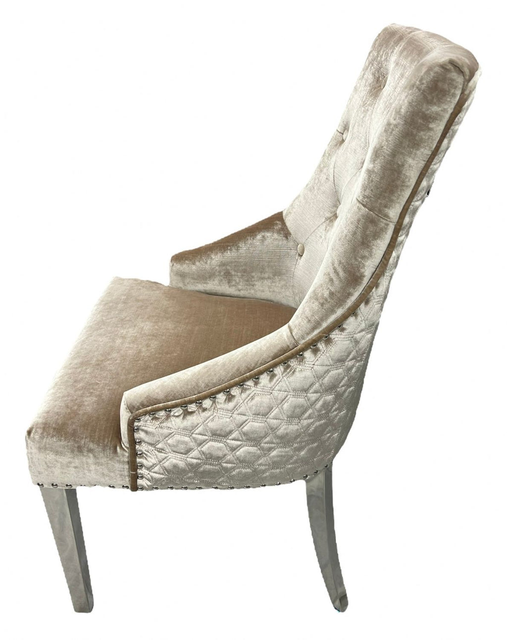 Mink Velvet Dining Chair with Lion Knocker and Chrome Legs