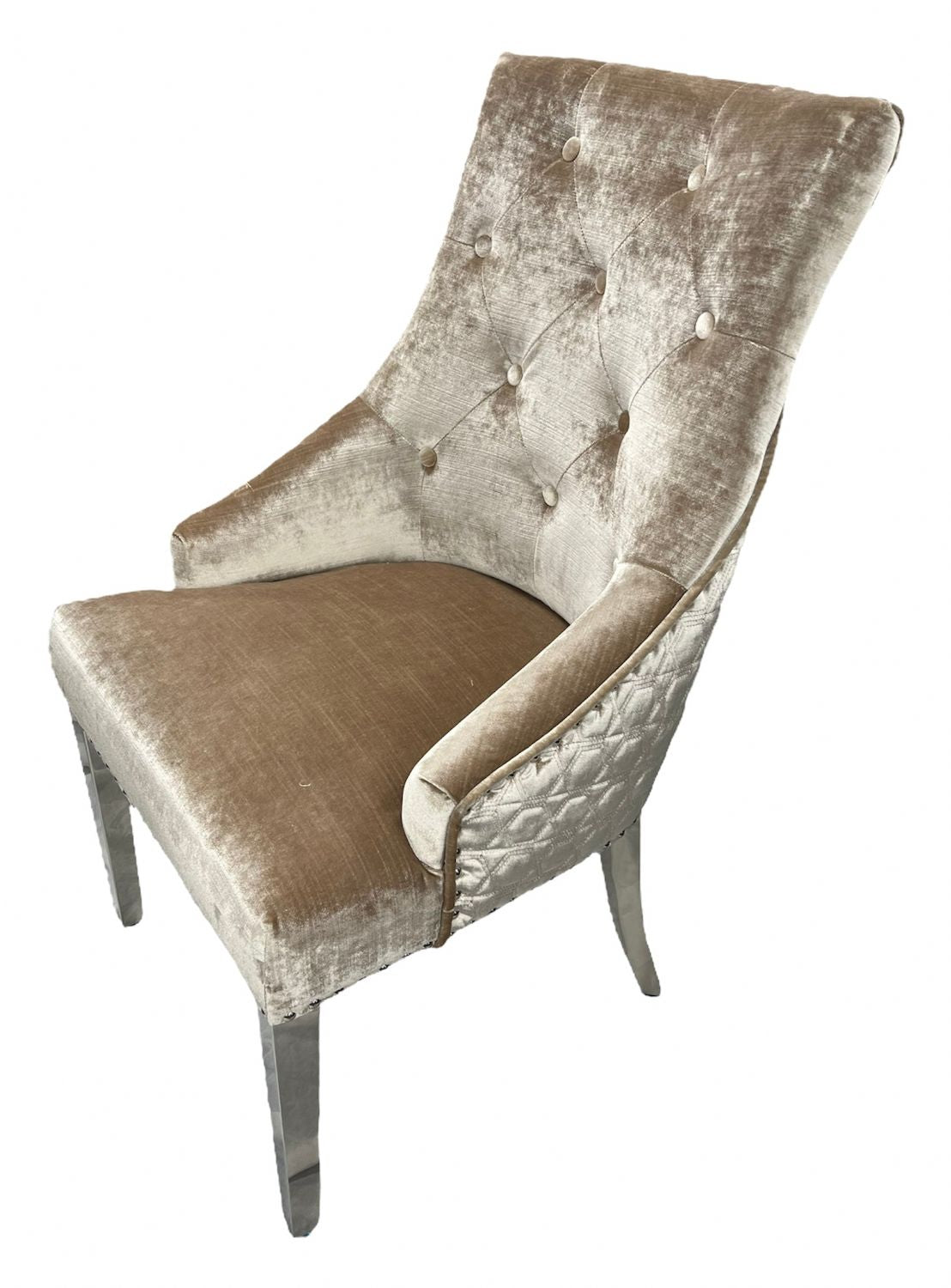 Mink Velvet Dining Chair with Lion Knocker and Chrome Legs