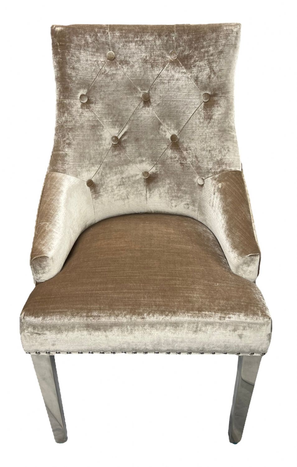 Mink Velvet Dining Chair with Lion Knocker and Chrome Legs