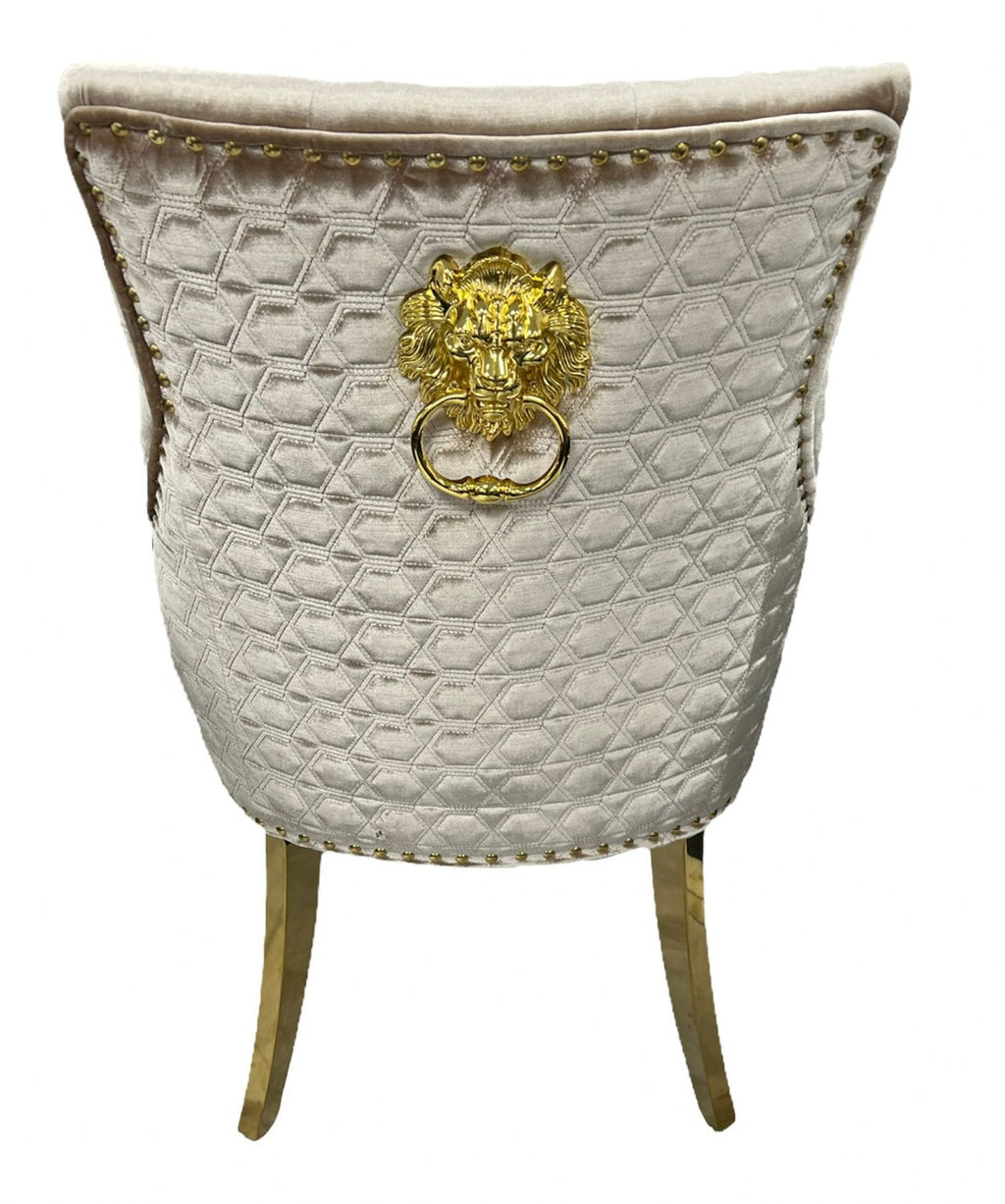 Mink Shimmer Velvet Dining Chair with Lion Knocker and Gold Legs