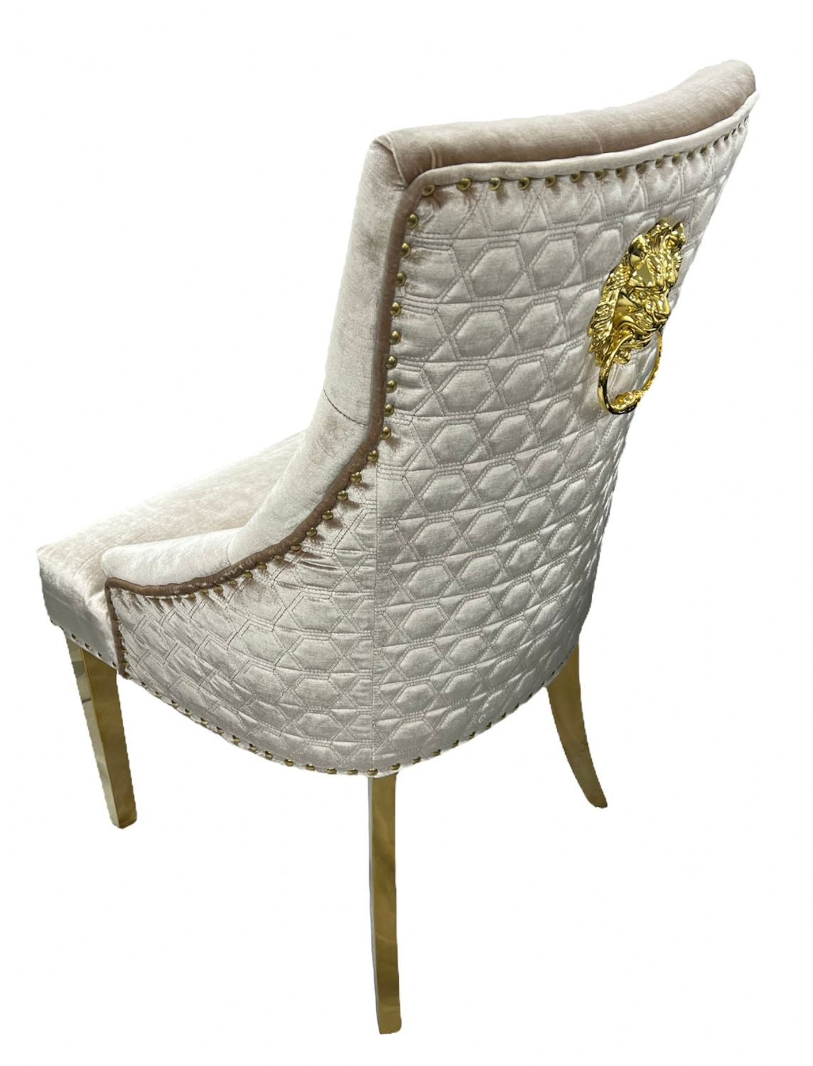 Mink Shimmer Velvet Dining Chair with Lion Knocker and Gold Legs