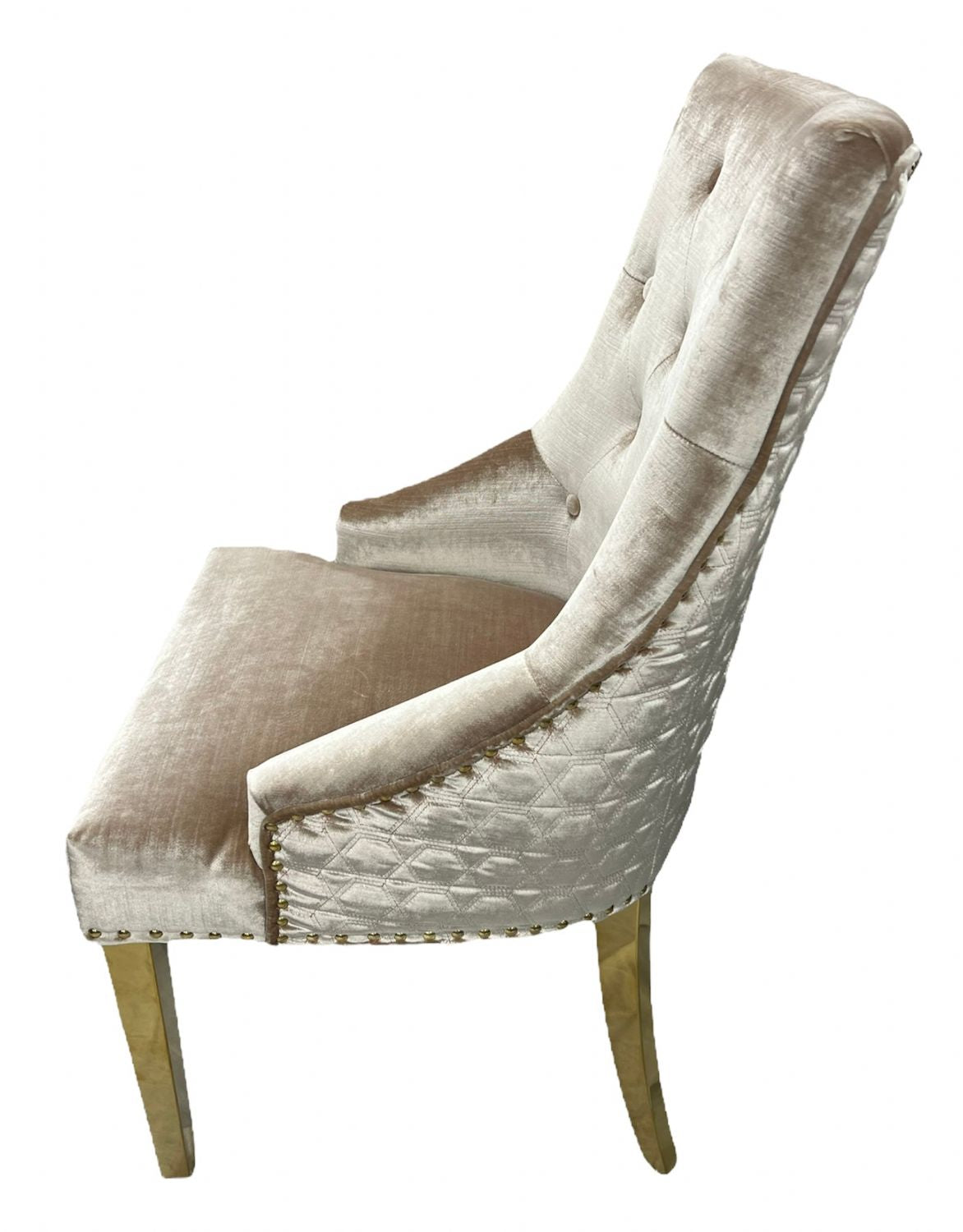 Mink Shimmer Velvet Dining Chair with Lion Knocker and Gold Legs