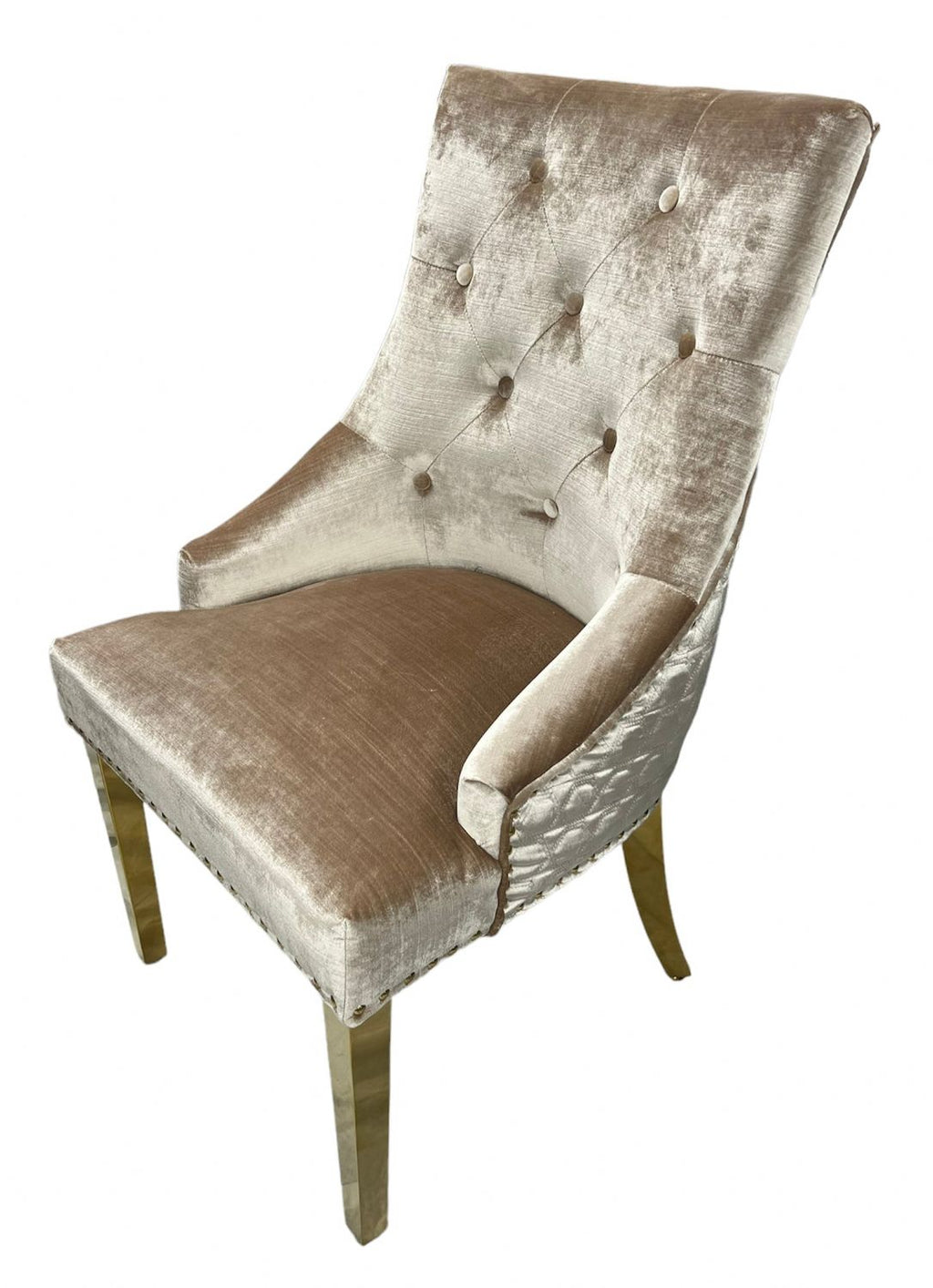 Mink Shimmer Velvet Dining Chair with Lion Knocker and Gold Legs