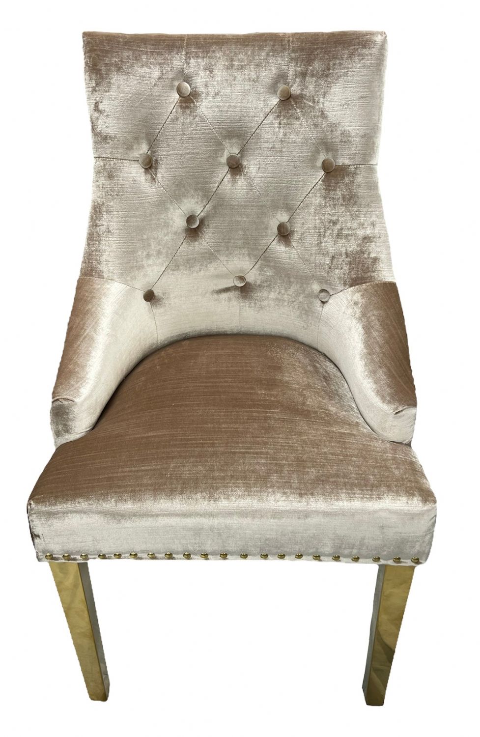 Mink Shimmer Velvet Dining Chair with Lion Knocker and Gold Legs