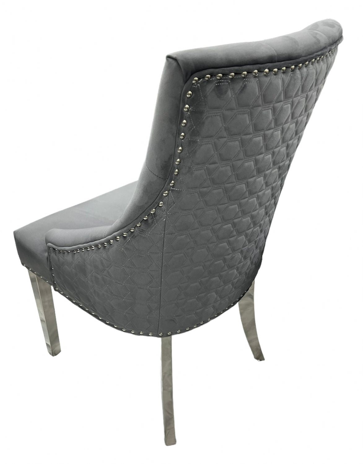 Dark Grey Velvet Dining Chair with Chrome Legs and Hexagonal Back