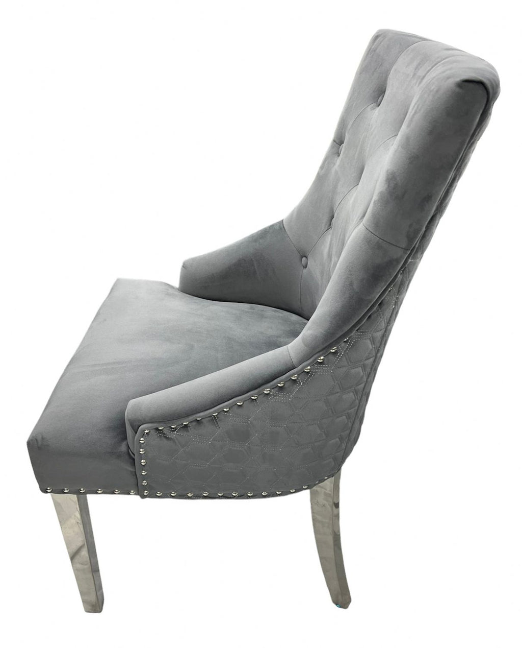 Dark Grey Velvet Dining Chair with Chrome Legs and Hexagonal Back