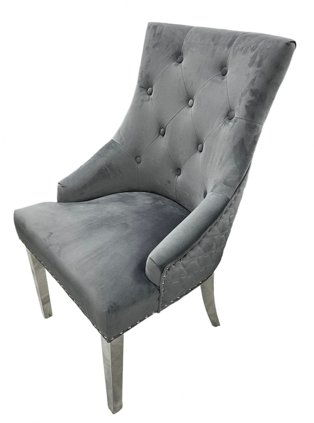 Dark Grey Velvet Dining Chair with Chrome Legs and Hexagonal Back