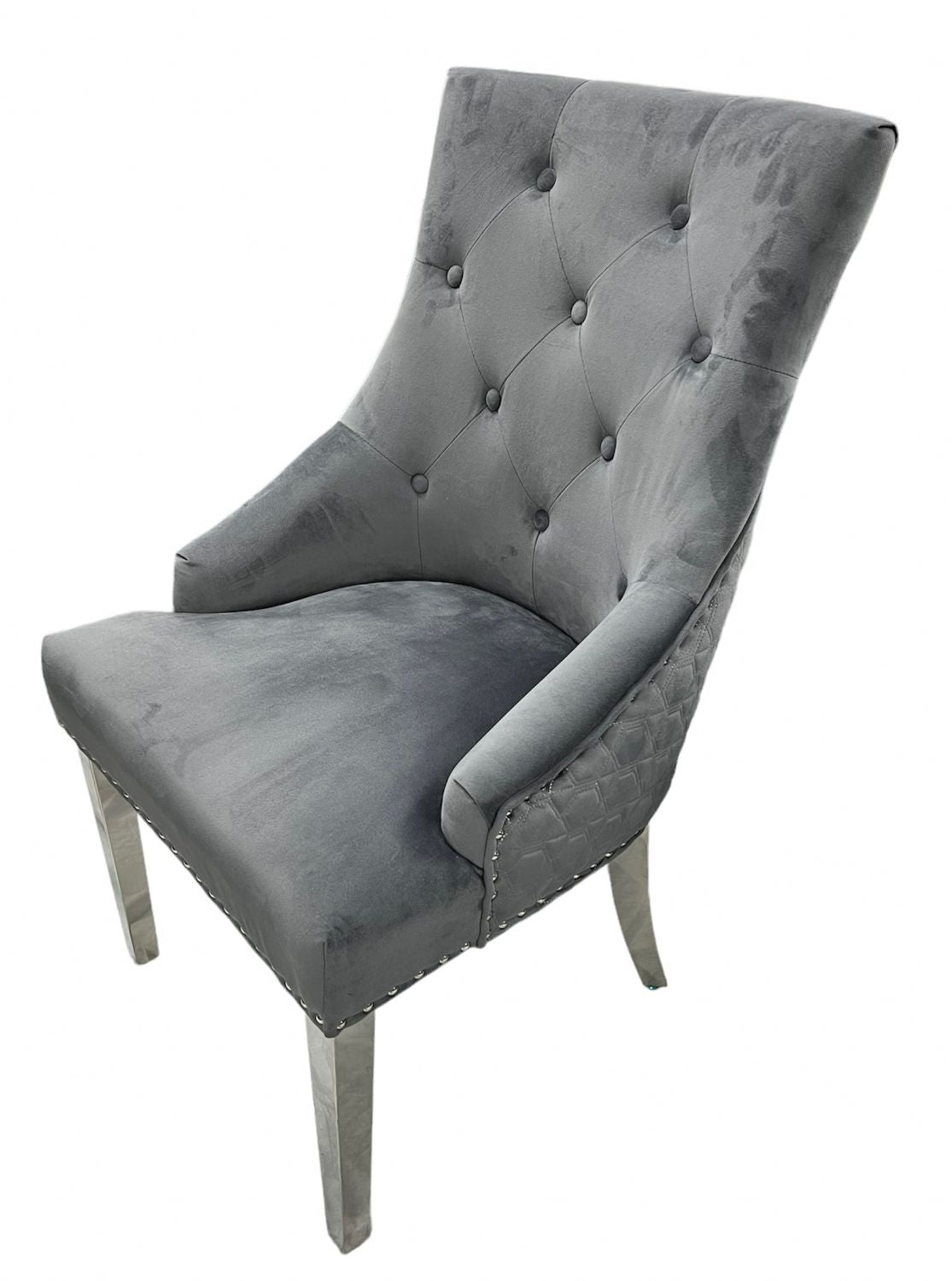 Dark Grey Velvet Dining Chair with Chrome Legs and Hexagonal Back