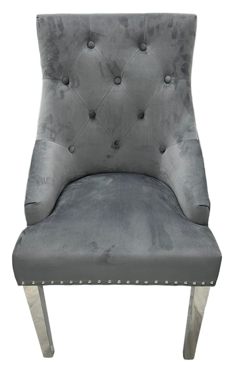 Dark Grey Velvet Dining Chair with Chrome Legs and Hexagonal Back