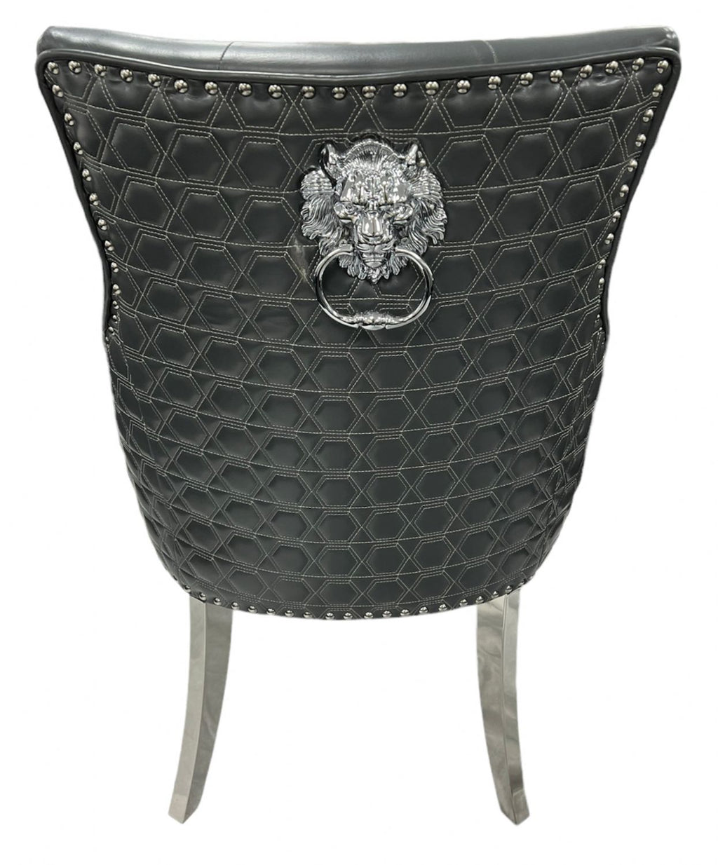 Dark Grey PU Dining Chair with Lion Knocker and Chrome Legs