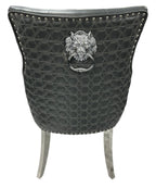 Dark Grey PU Dining Chair with Lion Knocker and Chrome Legs